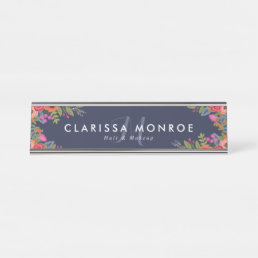 Boho Flowers - Navy Blue - Monogram Desk Name Plate