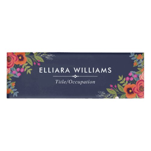 Boho Flowers _ Navy Blue  White Name Tag