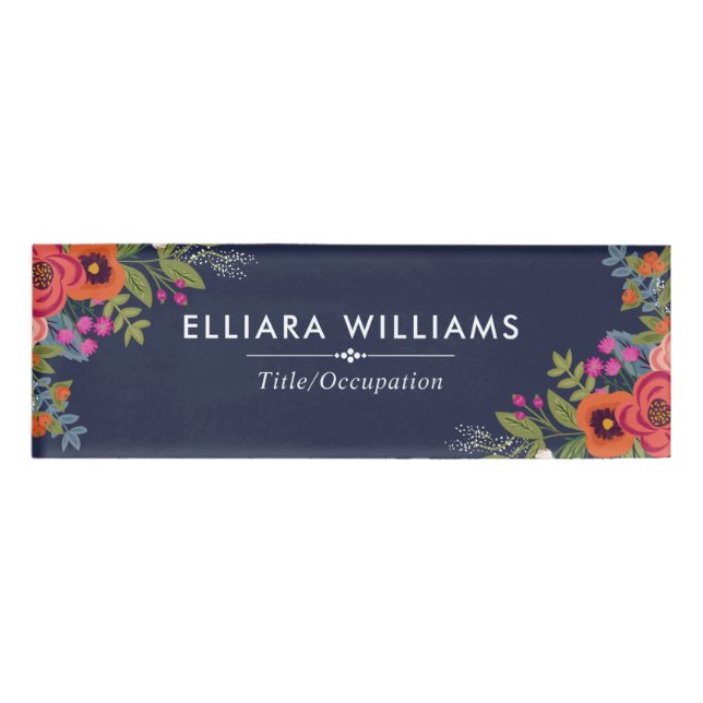 Boho Flowers - Navy Blue & White Name Tag (Front)