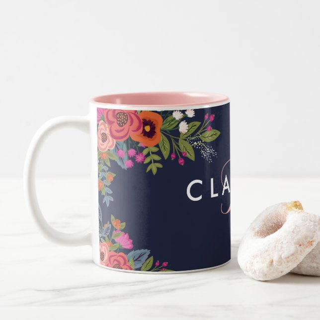 Boho Flowers - Navy Blue with Pink Monogram Two-Tone Coffee Mug (With Donut)