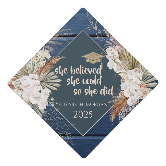 Boho Flowers Navy Blue Wood Graduation Cap (Front)