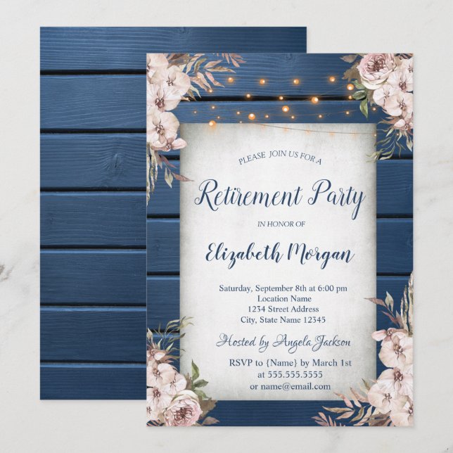 Boho Flowers Navy Blue Wood Retirement Invitation (Front/Back)