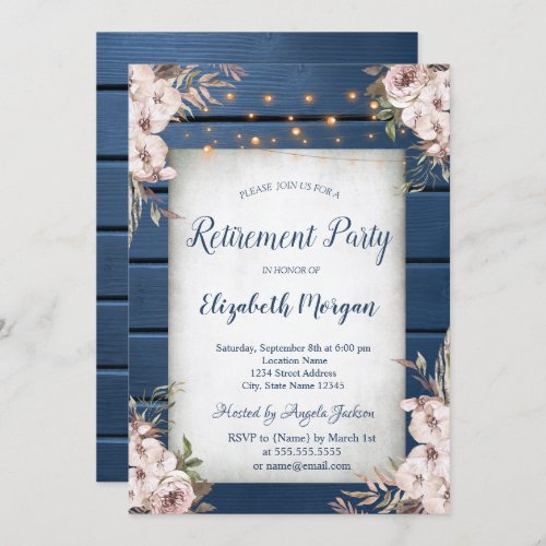 Boho Flowers Navy Blue Wood Retirement Invitation