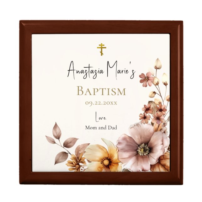 Boho Flowers Orthodox Christian Baptism Keepsake Gift Box (Front)