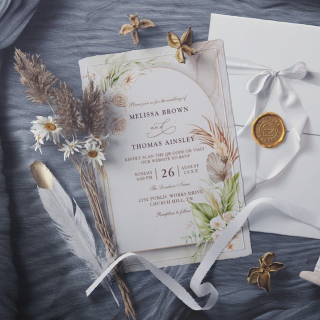 Boho Flowers Pampas Budget QR Code Wedding Invitation (Creator Uploaded)