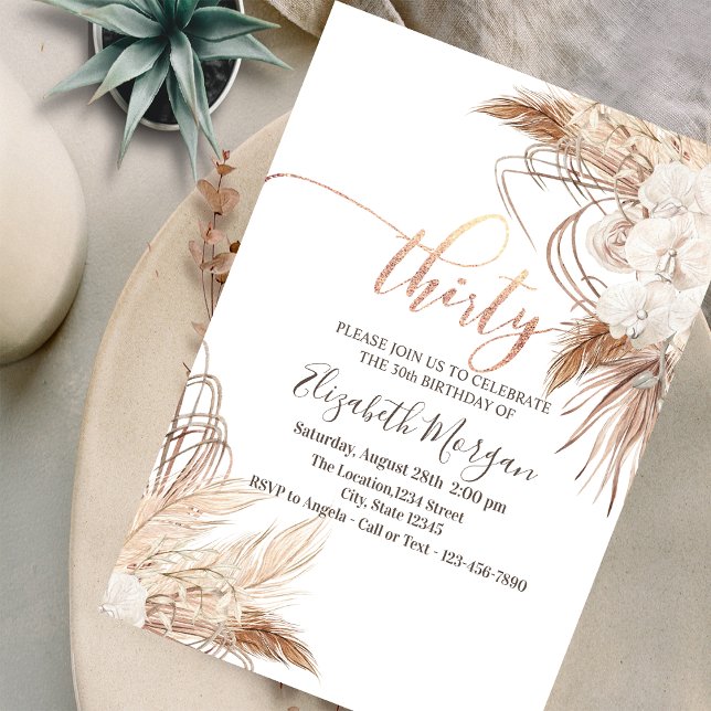 Boho Flowers Pampas Grass 30th Birthday  Invitation (Creator Uploaded)