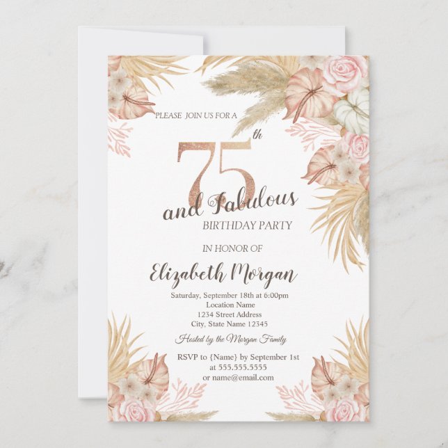 Boho Flowers,Pampas Grass 75th Birthday Invitation (Front)