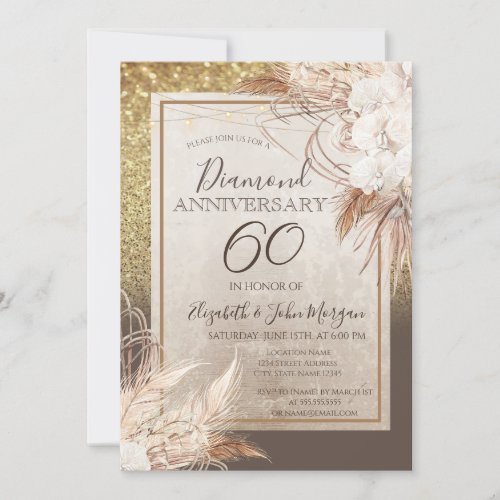 Boho Flowers Pampas Grass Glitter Anniversary Invitation