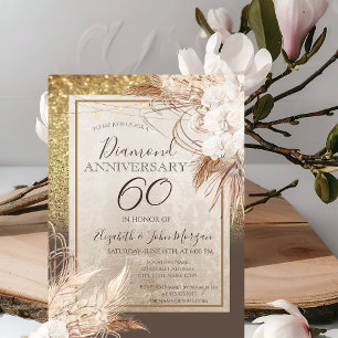 Boho Flowers Pampas Grass Glitter Anniversary Invitation