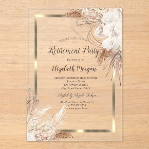 Boho Flowers Pampas Grass Gold Frame Retirement Acrylic Invitations