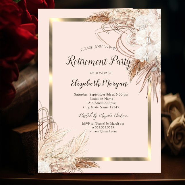 Boho Flowers Pampas Grass Gold Frame Retirement  Invitation (Creator Uploaded)