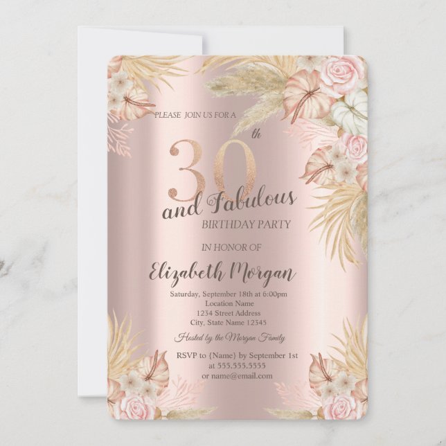Boho Flowers,Pampas Grass Rose Gold 30th Birthday Invitation (Front)