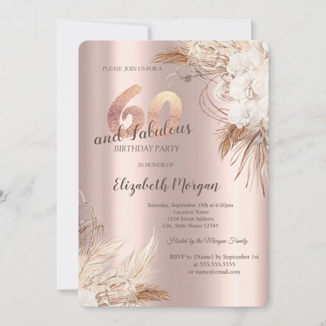 Boho Flowers Pampas Grass Rose Gold 60th Birthday  Invitation (Front)