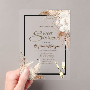 Boho Flowers Pampas Grass Wood Sweet 16 Acrylic Invitations