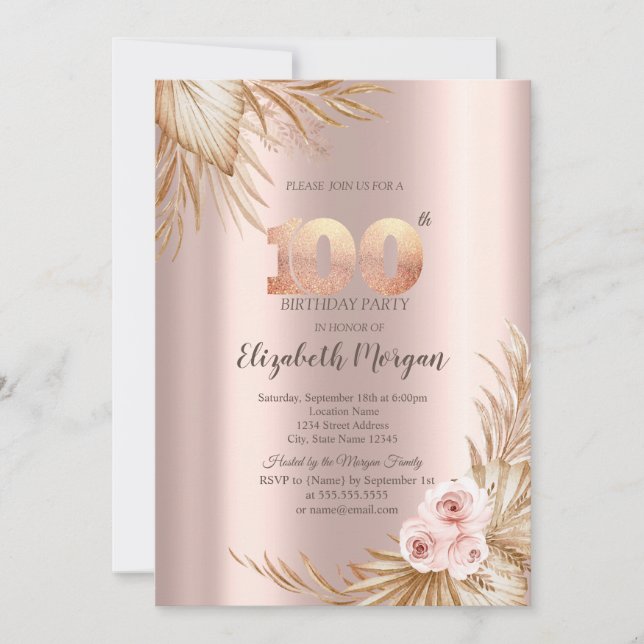  Boho Flowers Pampas Rose Gold 100th Birthday  Invitation (Front)