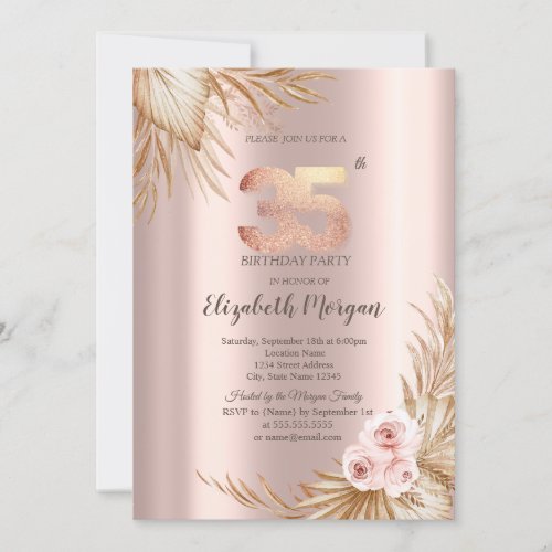  Boho Flowers Pampas Rose Gold 35th Birthday  Invitation