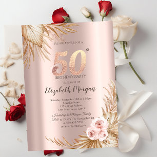 Boho Flowers Pampas Rose Gold 50th Birthday Invitation