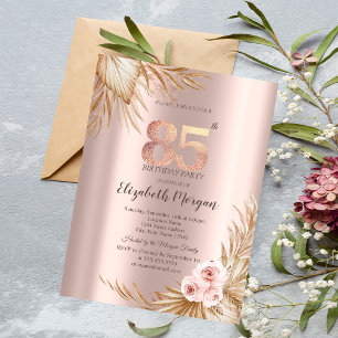 Boho Flowers Pampas Rose Gold 85th Birthday Invitation