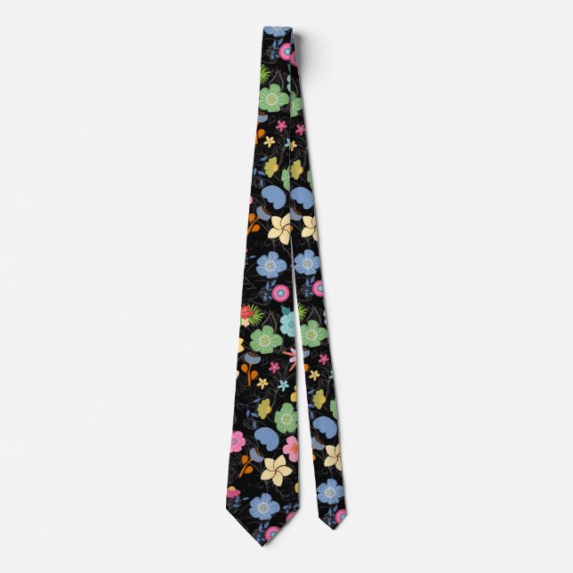 Boho Flowers Pattern B01.b Black BG Neck Tie (Front)