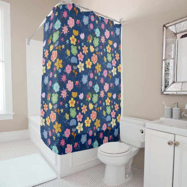 Boho Flowers Pattern B01.b DBlue BG Shower Curtain (In Situ)