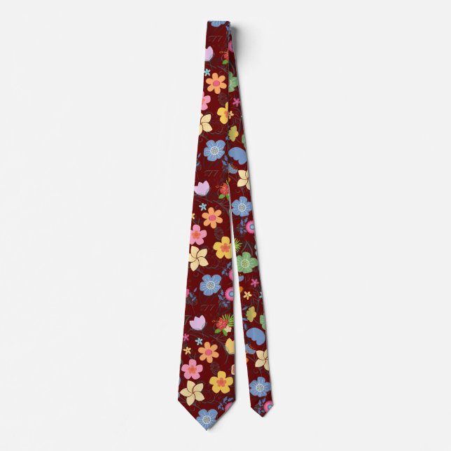 Boho Flowers Pattern B01.b DRed BG Neck Tie (Front)