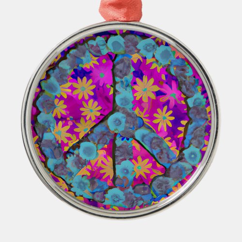 Boho Flowers Peace Sign Hippie Style Metal Ornament