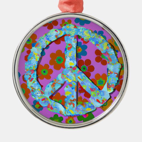Boho Flowers Peace Sign Hippie Style Metal Ornament