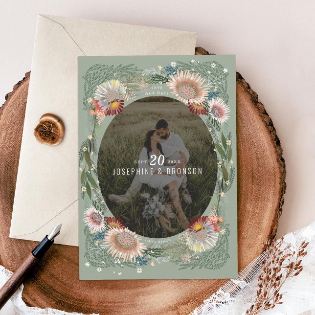 Boho Flowers Photo Save the Date Card (Creator Uploaded)