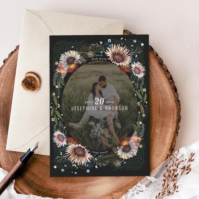 Boho Flowers Photo Save the Date Card (Creator Uploaded)