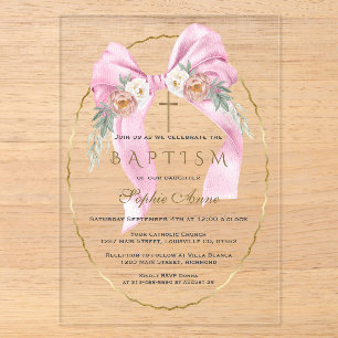 Boho Flowers Pink Bow Girl Baptism Transparent Acrylic Invitations