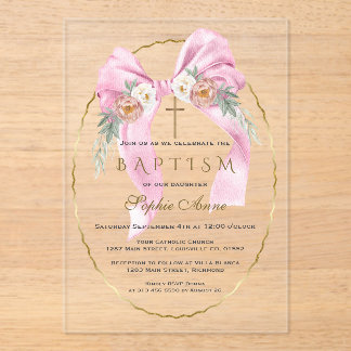 Boho Flowers Pink Bow Girl Baptism Transparent   Acrylic Invitations