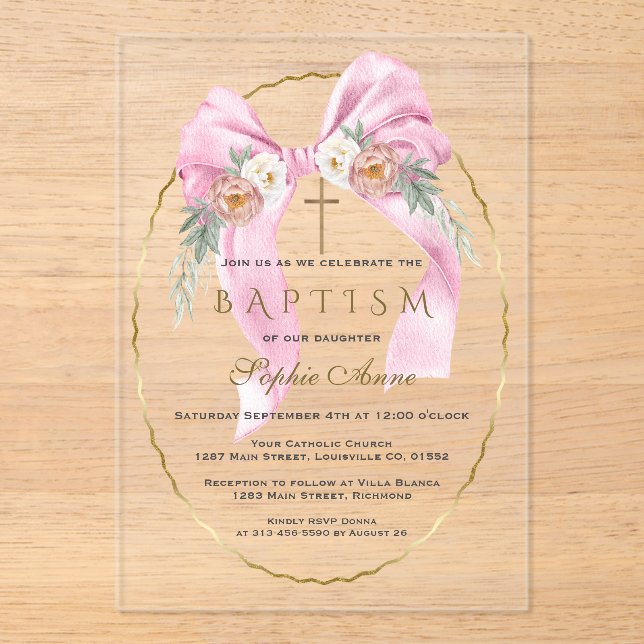 Boho Flowers Pink Bow Girl Baptism Transparent   Acrylic Invitations (Front)