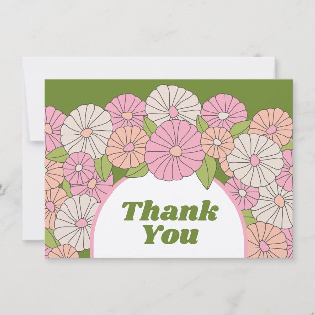 Boho Flowers - Pink, Green, Coral Thank You Card (Front)