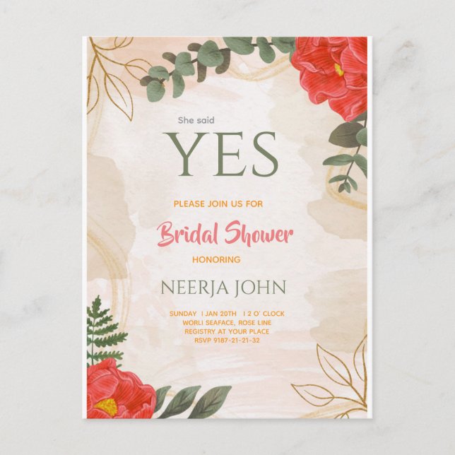Boho Flowers Red Green Minimalist Announcement Postcard (Front)