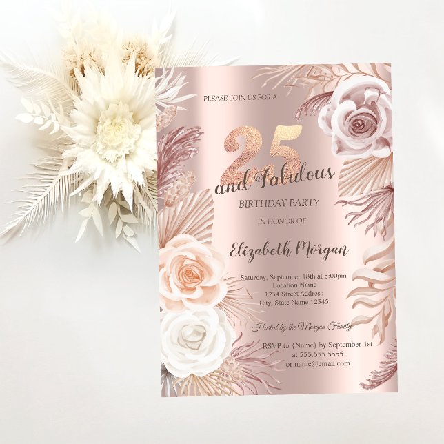 Boho Flowers Rose Gold 25th Birthday Party  Invitation (Creator Uploaded)