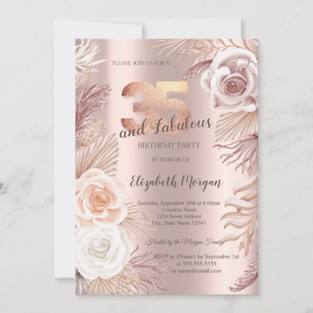 Boho Flowers Rose Gold 35th Birthday Party  Invitation (Front)