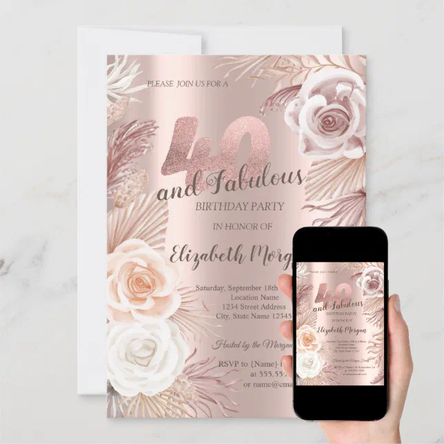 Boho Flowers Rose Gold 40th Birthday Party Invitation | Zazzle