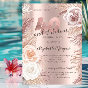 Boho Flowers Rose Gold 40th Birthday Party Invitation