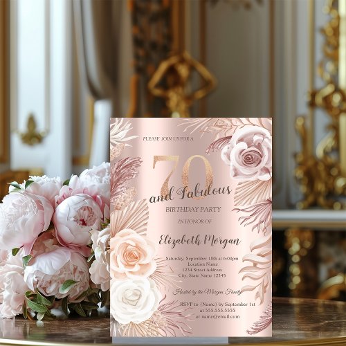 Boho Flowers Rose Gold 70th Birthday Party  Invitation