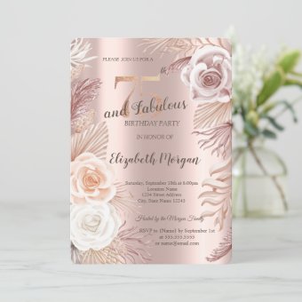 Boho Flowers Rose Gold 75th Birthday Invitation | Zazzle