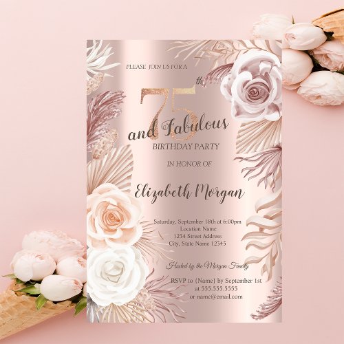 Boho Flowers Rose Gold 75th Birthday Invitation