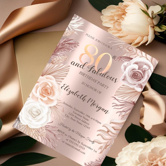 Boho Flowers Rose Gold 80th Birthday Invitation