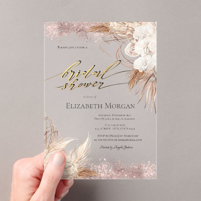 Boho Flowers Rose Gold Confetti Bridal Shower  Acrylic Invitations (Insitu (Handheld))