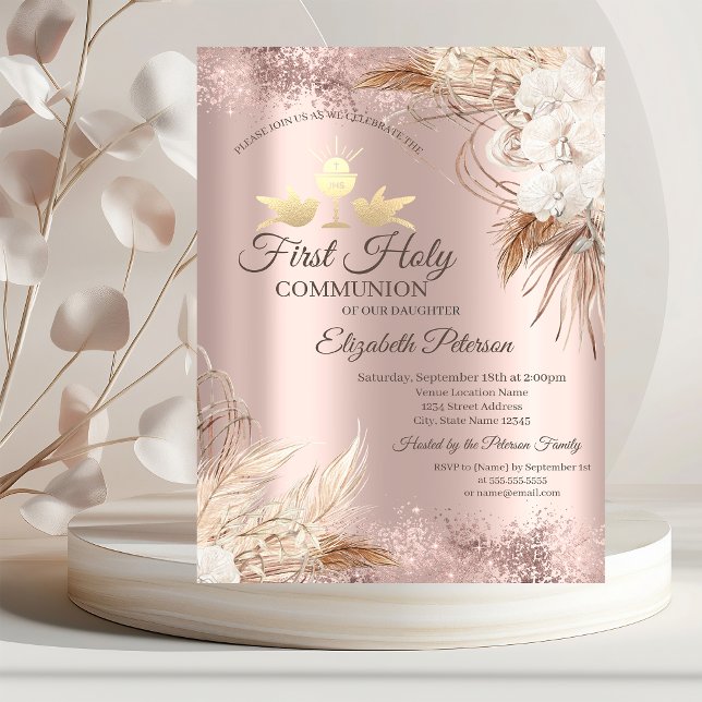 Boho Flowers Rose Gold First Holy Communion   Invitation (Creator Uploaded)