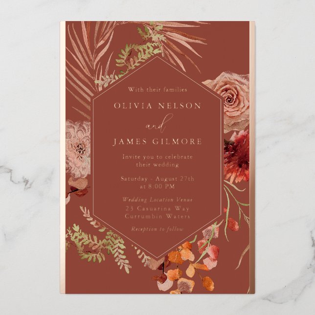 Boho Flowers Rose Gold Foil Wedding  Foil Invitation (Front)