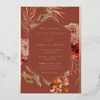 Boho Flowers Rose Gold Foil Wedding Invitation