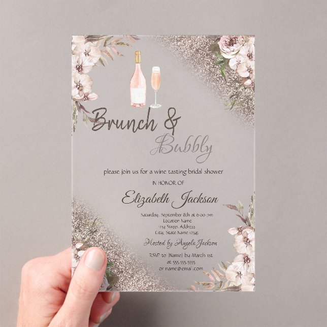 Boho Flowers Rose Gold Glitter  Brunch & Bubbly  Acrylic Invitations (Insitu (Handheld))