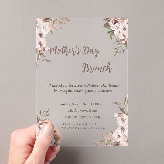 Boho Flowers Rose Gold Mother's Day Brunch Acrylic Invitations (Insitu (Handheld))
