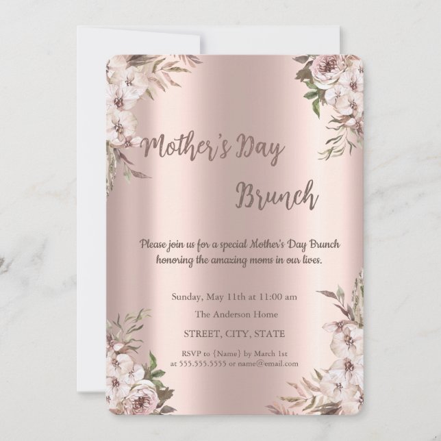 Boho Flowers Rose Gold Mother's Day Brunch Invitation (Front)