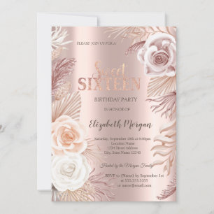 Boho Flowers Rose Gold Sweet 16 Invitation